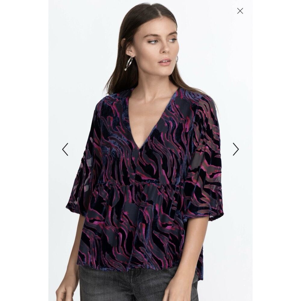 Johnny Was Velvet Burnout Abstract Bell Sleeves Deep V Neck Jewel Tone Small NWT